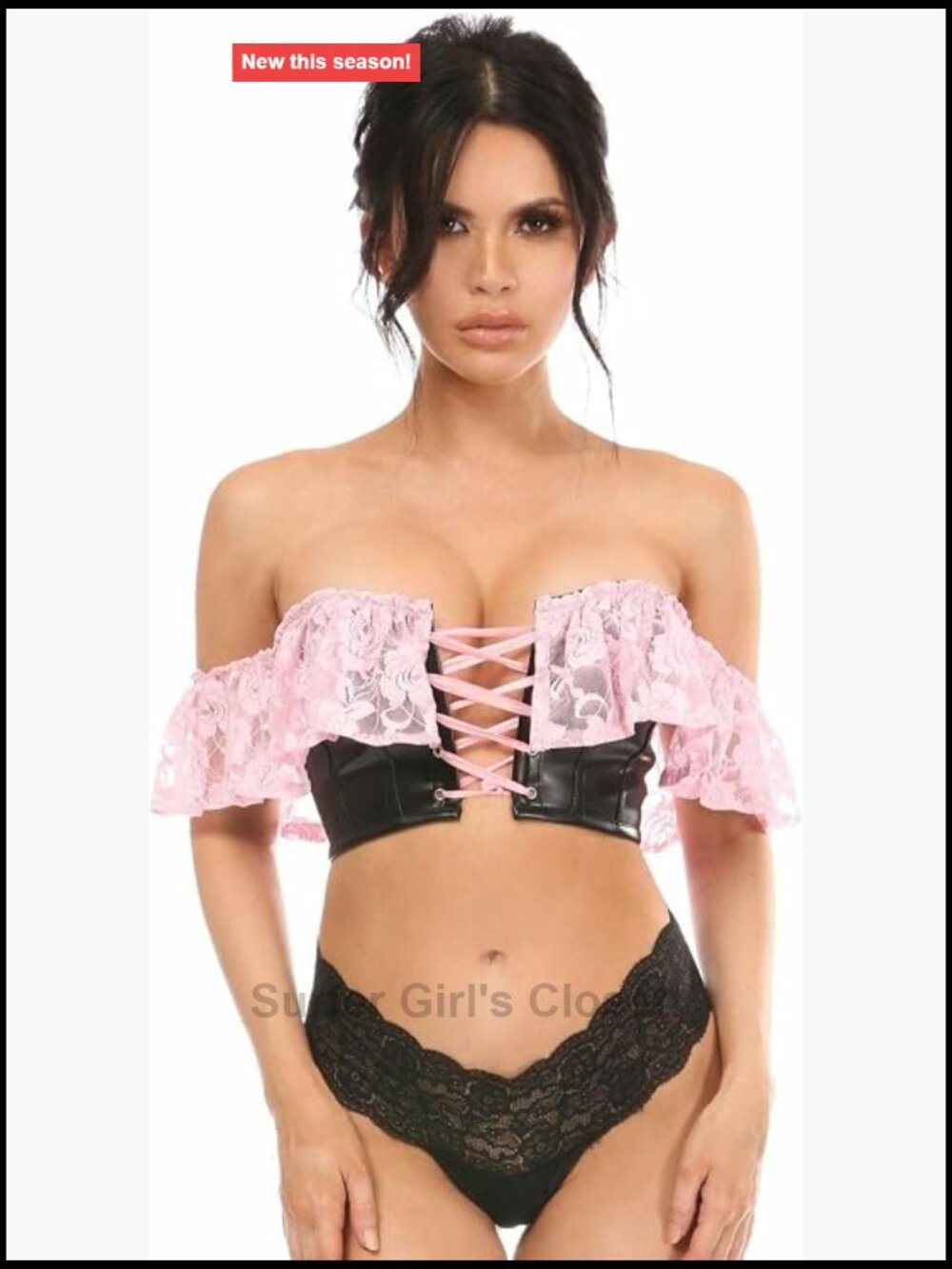 Faux Leather & Lace Bustier Corset Top Off Shoulder Lace-Up Back